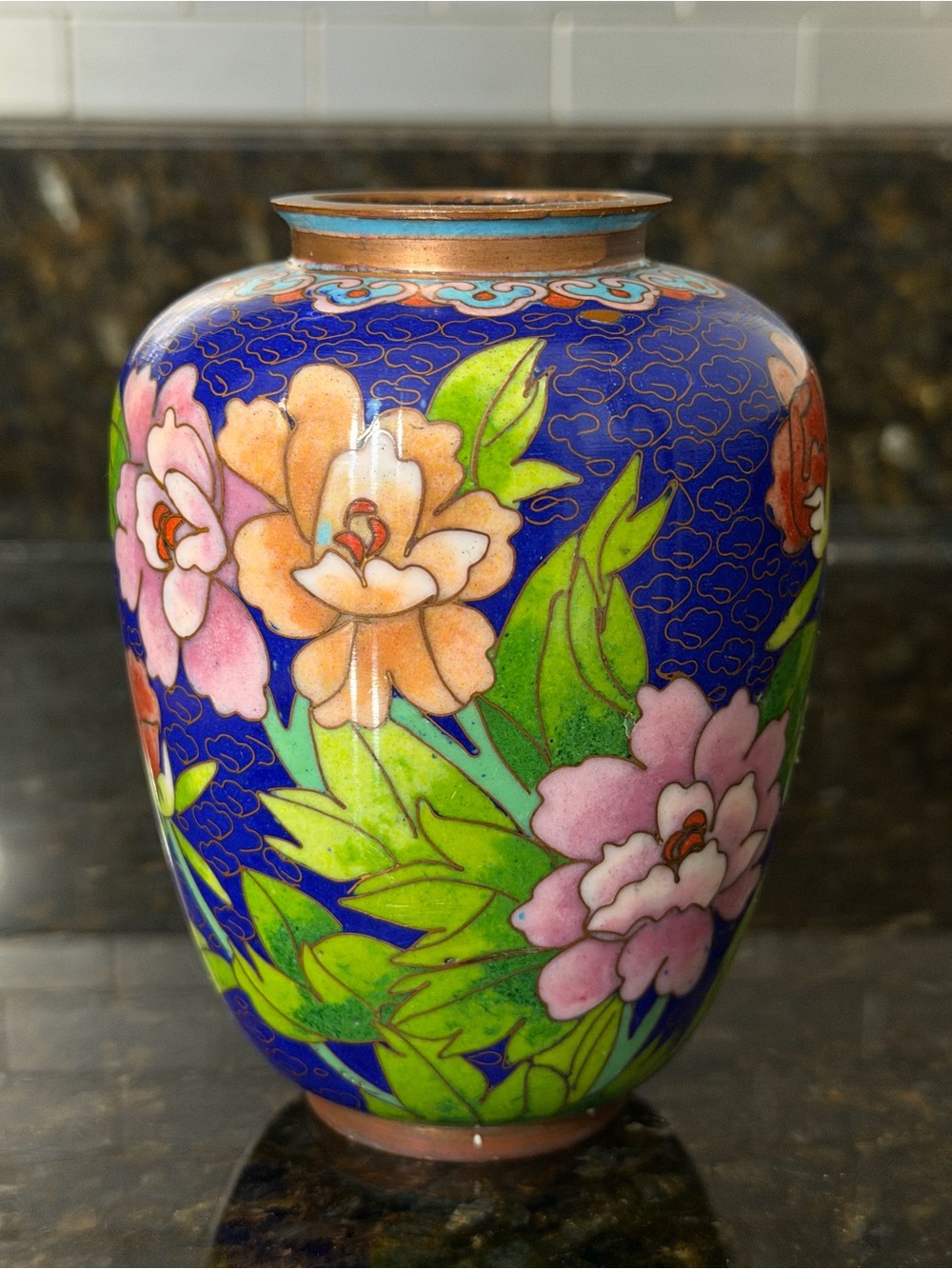 Vintage Chinese Cloisonné Petite Vase | Cobalt Blue Floral Peony 4.5” - Picture 2 of 8